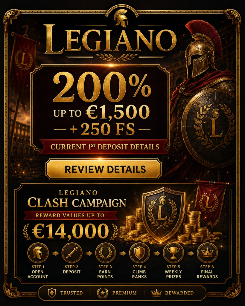 Legiano — 200% up to €1,500 + 250 FS
